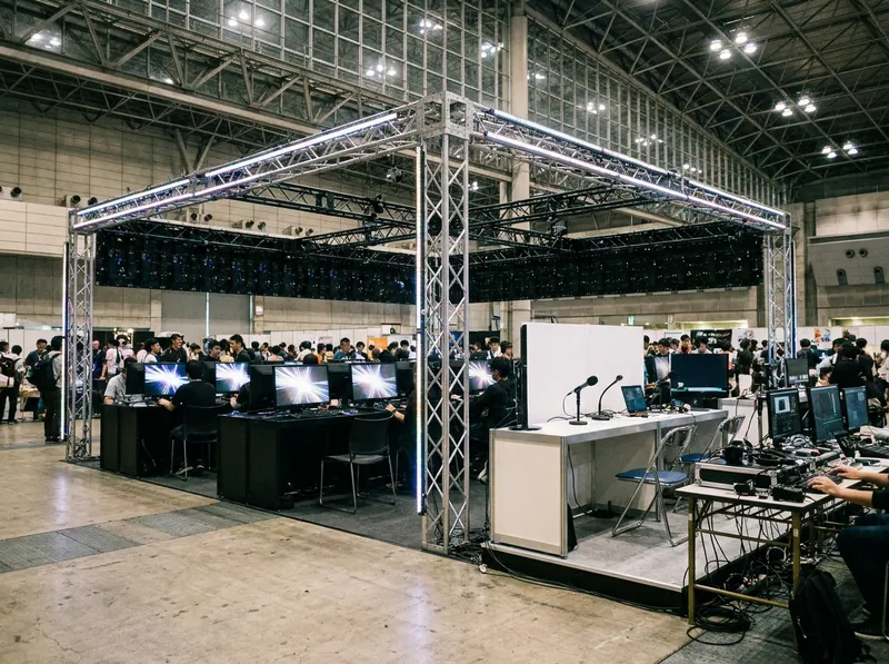 展示会場のトラスで囲まれたゲームのブースと、対戦台・実況席・配信機材（生成AIによるイメージ）