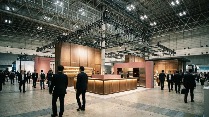 展示会場の木目とくすみピンクのブースと、行き交う来場者（生成AIによるイメージ）