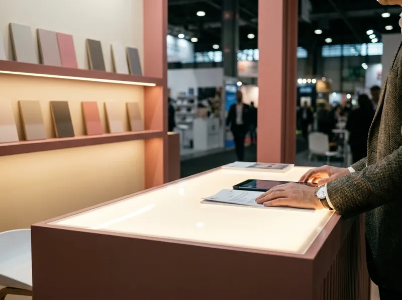 ブースの受付カウンターでタブレットを操作する手元（生成AIによるイメージ）