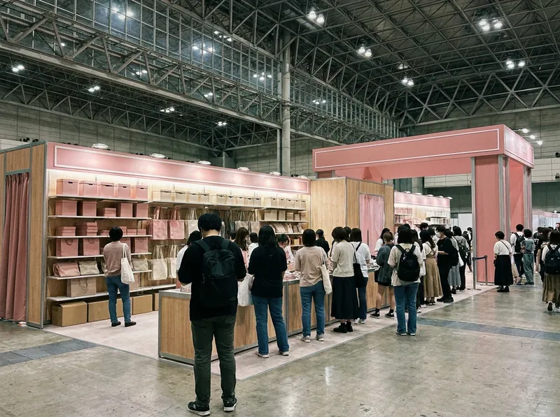 展示会場のくすみピンクの物販ブースと、並ぶ来場者（生成AIによるイメージ）