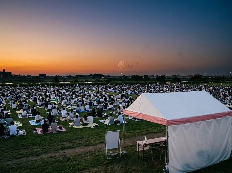 夕暮れの河川敷で花火の開始を待つ観覧客と受付のテント（生成AIによるイメージ）